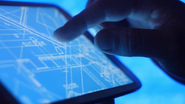 Engineer Reviewing Industrial Blueprint Plans on Tablet for Construction Project