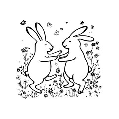 Obraz premium Two rabbits dancing together in a field of flowers and grass black and white illustration