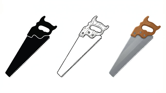 Three different colored handsaws with wooden handles on white background