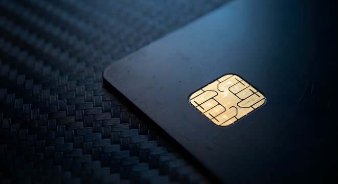 Close up of gold smart chip on black credit card with carbon fiber texture