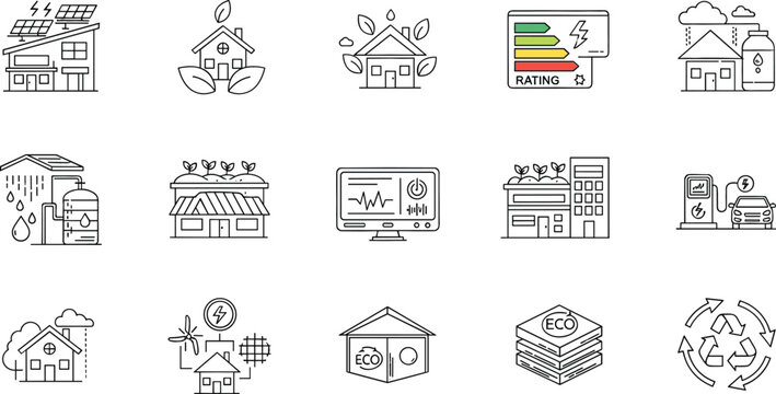 Sustainable home and eco house line icons set with solar panels, rainwater harvesting, energy rating, recycling and green living outline vector collection