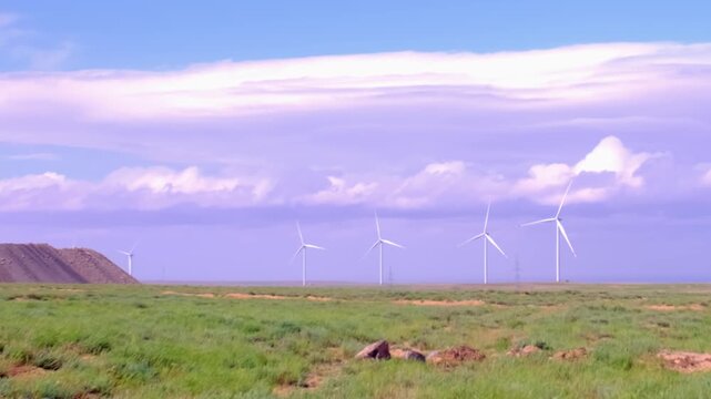 Fleet of power generators in motion. The blades of the wind farm rotate against the sky. The concept of extracting electricity from renewable sources. Wind turbine to generate electricity.