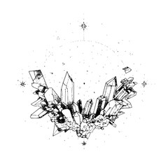 Naklejka premium Mystical crystal cluster illustration with stars and celestial elements on white background detailed line art magical atmosphere