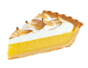Slice of lemon meringue pie isolated PNG on transparent background, delicious dessert with toasted meringue topping and sweet lemon filling