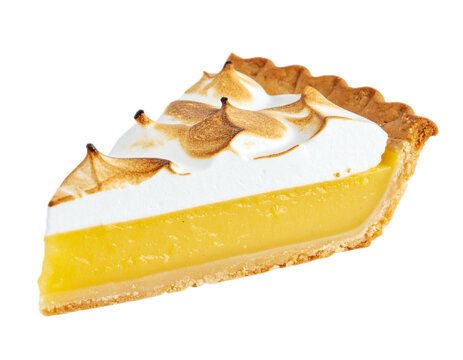 Slice of lemon meringue pie isolated PNG on transparent background, delicious dessert with toasted meringue topping and sweet lemon filling