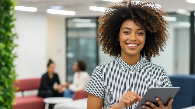 Smiling businesswoman holding a tablet in a modern office lounge area