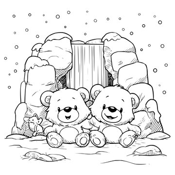 Two smiling cartoon bears sitting together in snowy landscape with rocks and snowflakes black and white illustration winter scene friendship theme cute animals