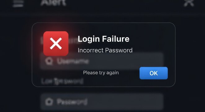 A pop-up notification on a dark interface indicating a login failure due to an incorrect password, prompting the user to try again.