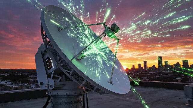 Large satellite dish transmitting data with vibrant light effects over a city