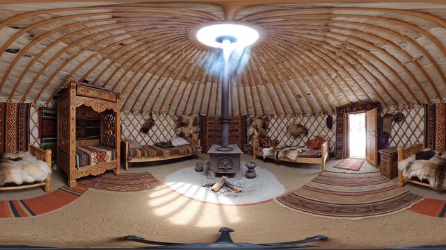 Authentic Mongolian yurt interior with central stove and traditional furnishings, radiating warmth for nomadic lifestyle and cultural travel concept in 360 VR panorama.