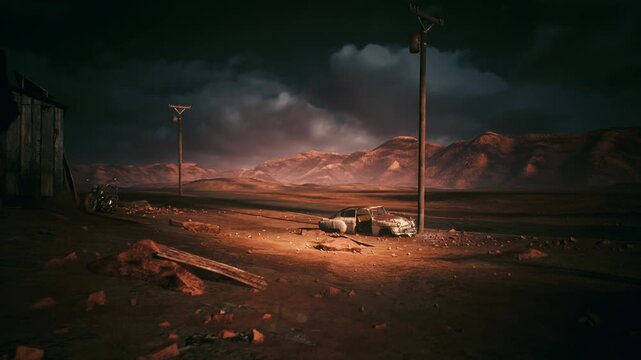 desert dusk with solitary pole illuminated by warm lamp glow, empty wasteland stretching toward distant mountains under brooding storm clouds, scattered debris