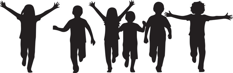 Fototapeta premium Group of happy children running and jumping with arms raised, silhouette vector illustration