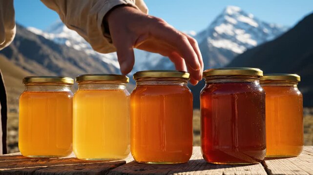 Hand selecting a jar of pure organic honey from various types on a wooden table with majestic mountains for natural product concept and healthy food