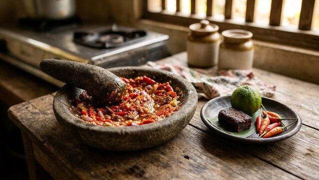 Traditional Indonesian chili paste sambal in stone mortar and pestle