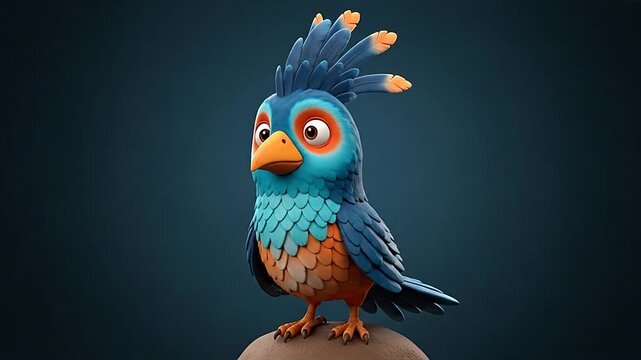 Vibrant blue and orange cartoon bird character with an expressive face and crest