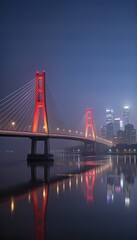 Fototapeta premium Modern Urban Cityscape with Illuminated Suspension Bridge and Skyline at Night, Futuristic Design