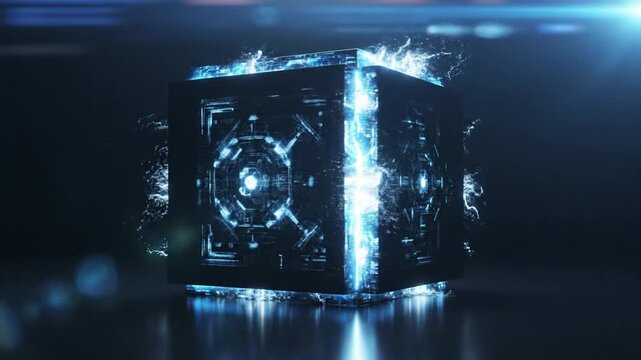 Intricate digital cube glowing with radiant blue energy, embodying advanced technology, powerful processing, and a conceptual core of future innovation