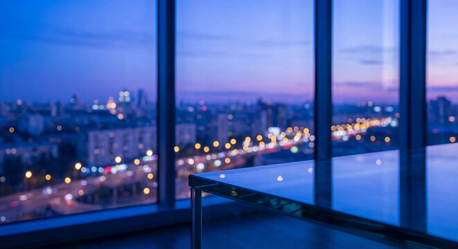 A glass table sits in the foreground of a blurred cityscape at dusk, with lights from buildings and traffic creating a bokeh effect.