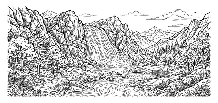 Detailed illustration of a scenic mountain valley with a flowing river and lush forest
