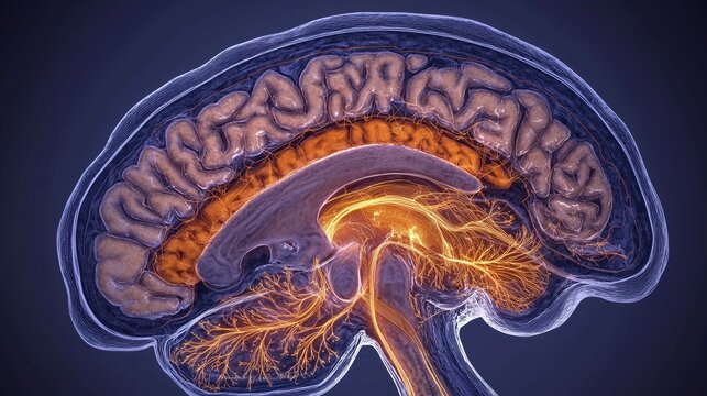 Medical illustration of human brain sagittal cross-section highlighting dopamine pathways, substantia nigra marked in deep amber, striatum connections shown with glowing neural fibers