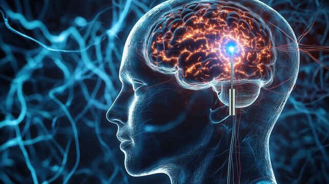 3D anatomical cutaway render of human head and brain showing deep brain stimulation electrode precisely inserted into subthalamic nucleus, thin platinum electrode rendered with perfect metallic sheen