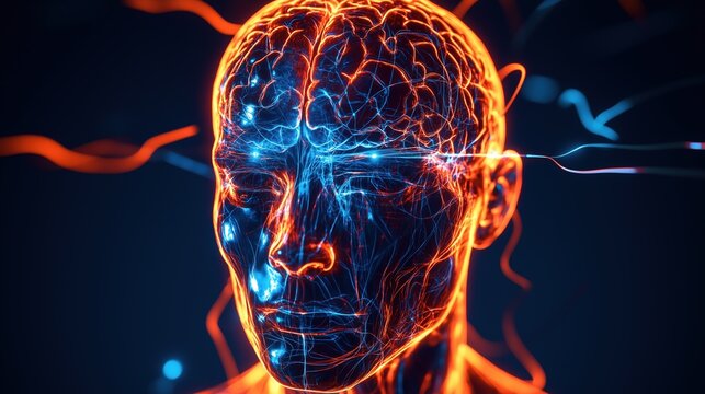 3D anatomical cutaway render of human head and brain showing deep brain stimulation electrode precisely inserted into subthalamic nucleus, thin platinum electrode rendered with perfect metallic sheen