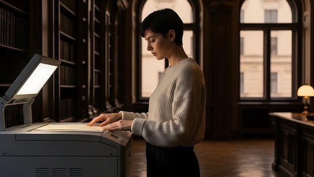Young woman scanning documents in a quiet vintage library