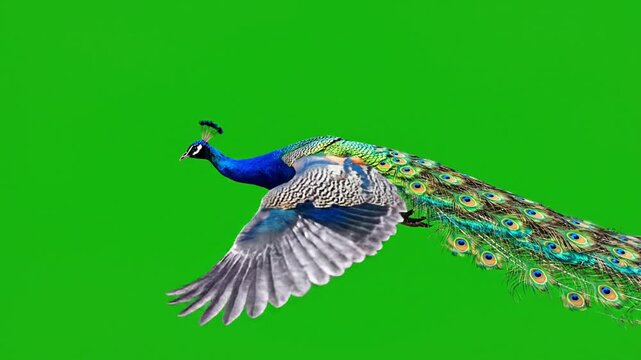 Beautiful peacock flying animation sequence with vibrant plumage and green screen background