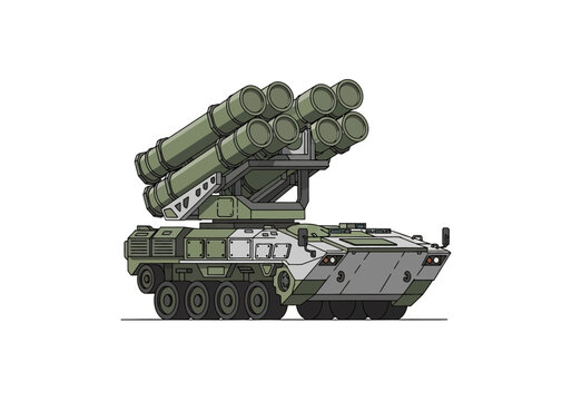 Detailed illustration of a modern armored self-propelled multiple rocket launcher, a formidable military combat vehicle for advanced tactical defense operations