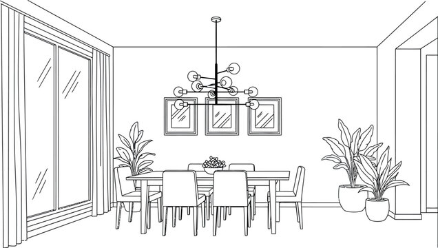 Elegant and spacious modern dining room interior depicted in simple outline style, showcasing a large table, multiple chairs, plants, a creative chandelier, and wall decor.