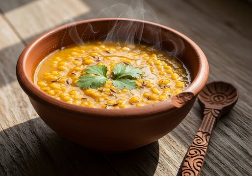 Warm steaming bowl of yellow lentil dal curry garnished with cilantro and cumin seeds