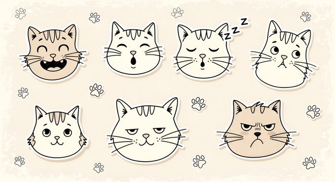 A digital illustration of various cartoon cats displaying different facial expressions on a cream background with paw prints.