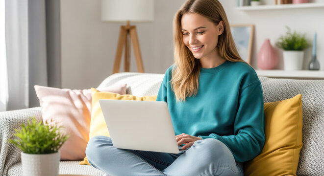 Young woman using laptop while sitting on a sofa in a cozy living room with decorative pillows and plants in the background
