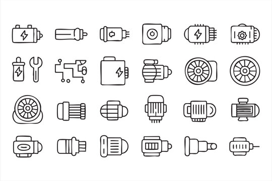Electric Motor And Industrial Machinery Outline Icon Set For Engineering Concepts