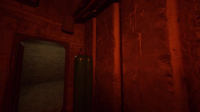 dim industrial utility bay illuminated by harsh fluorescent light, exposed cables and electrical panels against brick wall, control boxes and gauges create