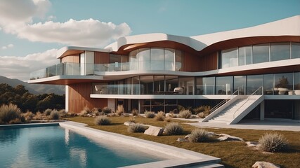Fototapeta premium Luxury modern house with a swimming pool and large windows, surrounded by a well-manicured lawn and natural landscape