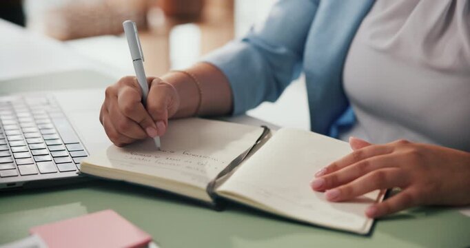 Woman, hands and writing with book for schedule planning, reminder or agenda in office. Female person, employee or taking notes with diary for project ideas, brainstorming or record keeping on desk