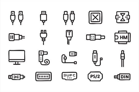 USB Plug And Digital Cable Connection Minimal Line Icon Collection