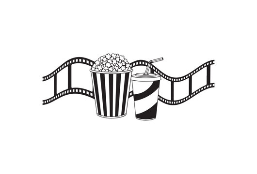 cinema icons, movie symbols, popcorn bucket, soda cup, film strip, black and white vector graphics