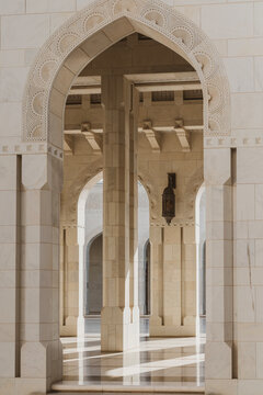 Islamic arch, columns and detailing at Mosque in Muscat, Oman