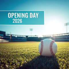 Naklejka premium Baseball on green field with opening day 2026 text on blue banner overhead in daytime