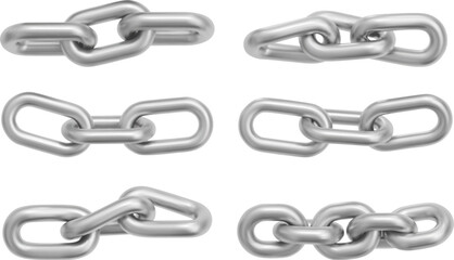 Obraz premium Chrome chain links set isolated on white background. Vector realistic illustration of metallic silver necklace details, 3D steel jewelry design, symbol of security or cooperation, seamless pattern