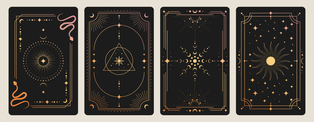 Magic tarot cards set with celestial moon and sun icons on black background. Vector realistic illustration of mystic vintage cards with golden border, snake and star ornaments, esoteric symbols © klyaksun
