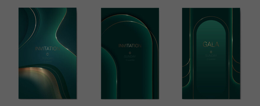 Elegant dark green background with abstract golden lines. Vector realistic illustration of premium emerald card design, luxury invitation or flyer layout, vip event banner, sophisticated menu frame