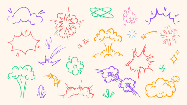 Colorful comic emphasis elements set isolated on background. Vector cartoon illustration of doodle explosion effects, brush strokes for dynamic action scenes, bomb burst icons, anime motion symbols