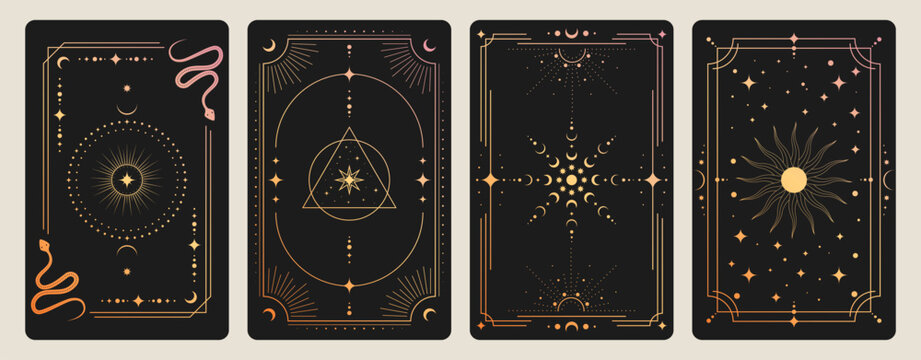 Magic tarot cards set with celestial moon and sun icons on black background. Vector realistic illustration of mystic vintage cards with golden border, snake and star ornaments, esoteric symbols