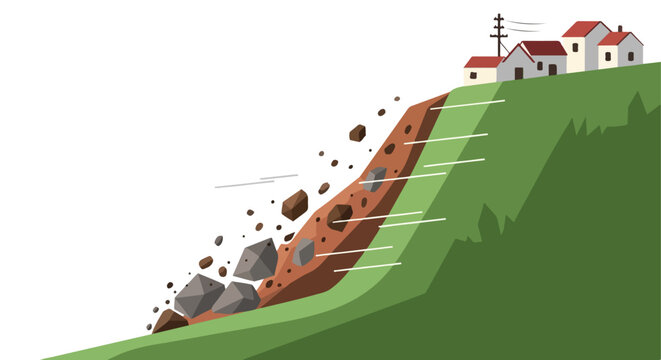 Houses on a hillside are threatened by a rockslide and debris