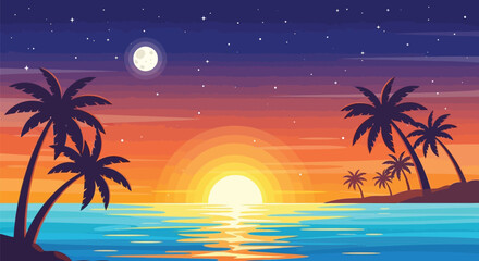 Vector tropical island sunset with palm trees and ocean
