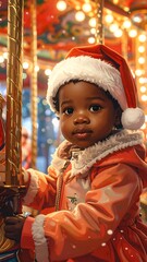 Fototapeta premium A child in a Santa hat rides a merry-go-round