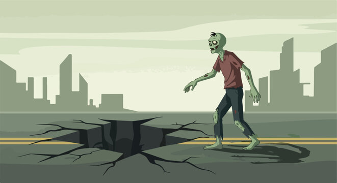 A zombie walks across a cracked road towards a broken city skyline